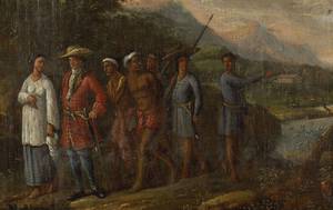 Hollandse koopman met slaven in heuvellandschap, gemaakt door een anonieme schilder in de periode 1700-1725. Mogelijk speelt het tafereel zich af in de Indonesische archipel of India. Bron: Rijksmuseum, publiek domein.