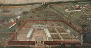 De handelspost van de VOC te Hugli in Bengalen, nabij het huidige Calcutta in India. Hendrik van Schuylenburgh schildert dit doek in 1665. De Compagnie koopt in Bengalen onder meer textiel in ruil voor zilver. Bron: Rijksmuseum, publiek domein.