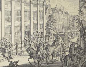 De Sint Antoniesbreestraat in Amsterdam op een prent van Romeyn de Hooghe uit ca. 1695. Bron: Rijksmuseum, publiek domein.