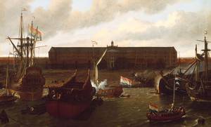De VOC-werf in Amsterdam op het eiland Oostenburg, met schepen in aanbouw en reparatie tegen het decor van het Oost-Indisch magazijn. Ludolf Bakhuizen schildert dit tafereel in 1696. Bron: Amsterdam Museum, publiek domein.